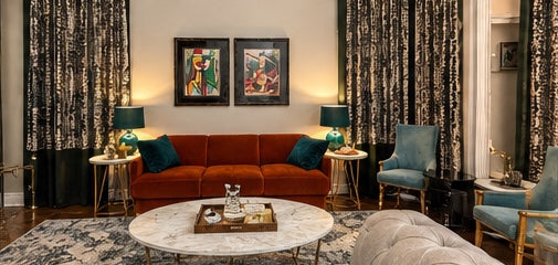 Living room with rust sofa, framed art and tufted bench