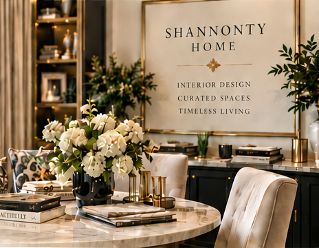 The Shannonty Home studio with design books and fresh flowers